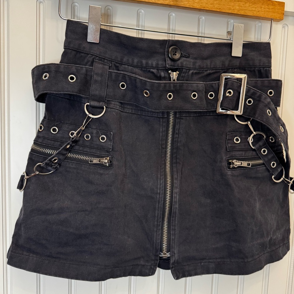Carmar Black Denim Grunge Skirt W/ Zipper, Chain & Grommet Detail Whimsy Goth 8 - Picture 8 of 8